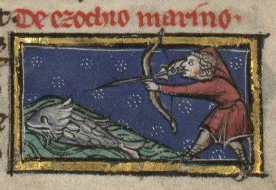 Ezochius maris being hunted by a man with a bow and arrow